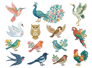 Obraz premium A collection of various bird species illustrated in a decorative folk art style.