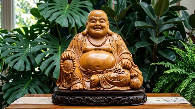 Laughing buddha statue surrounded by lush green leaves