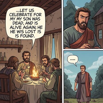 Biblical Comic Scene Showing Bearded Men Celebrating Around Table in Rustic Interior
