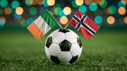 Naklejka premium Ireland and Norway national flags proudly displayed on a classic black and white soccer ball, resting on vibrant green grass with festive bokeh lights in the background, symbolizing international foot