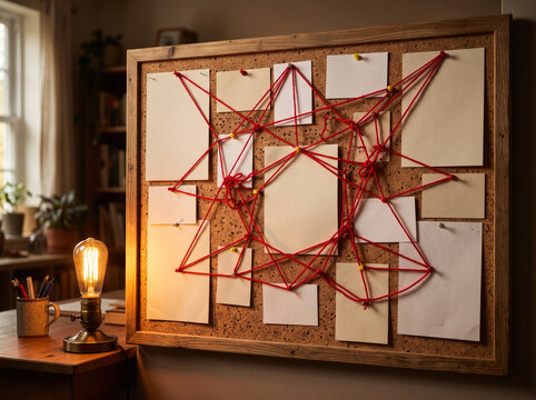 Detective investigation cork board with red string map