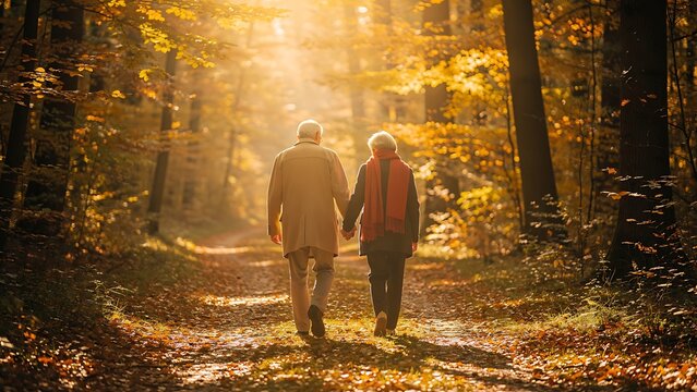 A loving elderly couple walks hand-in-hand down a sun-dappled forest path during autumn, surrounded by the golden hues of fall foliage, symbolizing enduring companionship and shared memories.