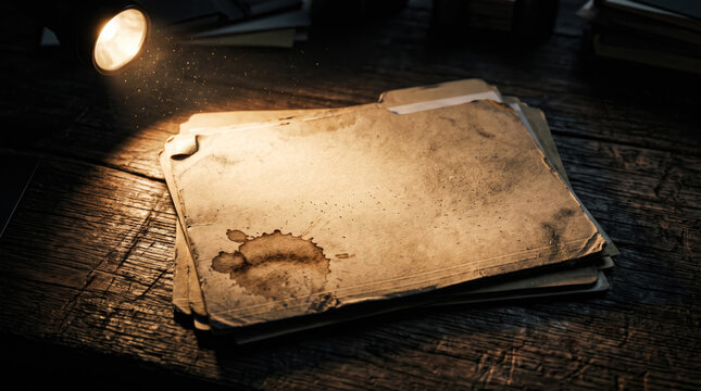 Stained manila folders on a dark wooden table in the light