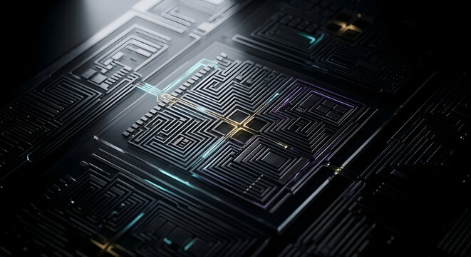 High-Tech Semiconductor Photomask with Glowing Circuit Patterns in Dark Macro 3D Render