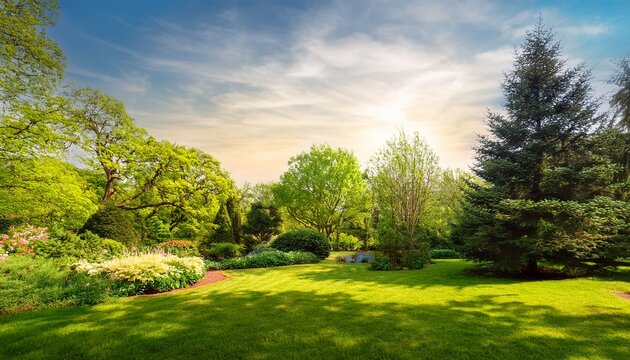 animated style forest and garden with mixed deciduous and pine trees under a warm spring sky