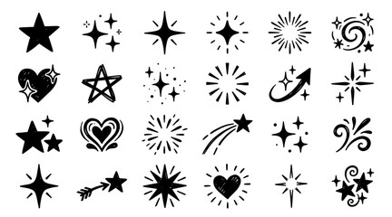 Fototapeta premium A collection of hand-drawn doodle elements including stars, hearts, sparkles, and swirls with a playful, energetic style.