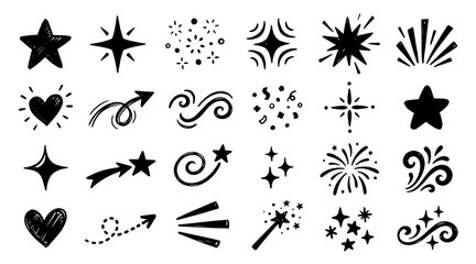 Fototapeta premium A collection of hand-drawn doodle elements including stars, hearts, arrows, and sparkles,.