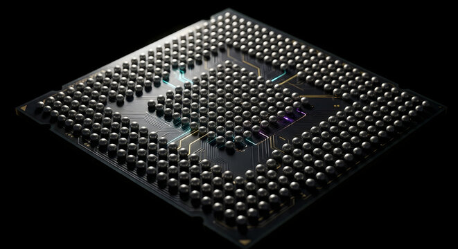 Futuristic BGA Microchip Processor with Glowing Neon Circuits in Extreme Macro