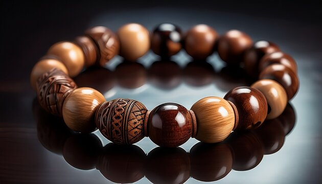 intricate wooden bead bracelet a close up of natural wood grains and tones on a dark surface