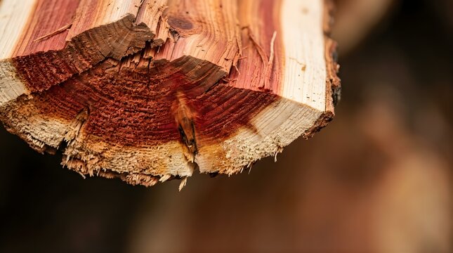 Close up of a textured cross section of red cedar wood log for design