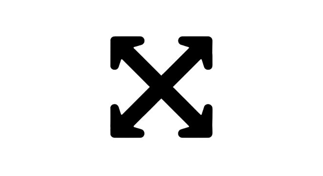 Minimal black silhouette icon, simple flat vector, bold black shape, no, no shading arrows icon indicating expand, zoom or full screen mode on a, flat icon style