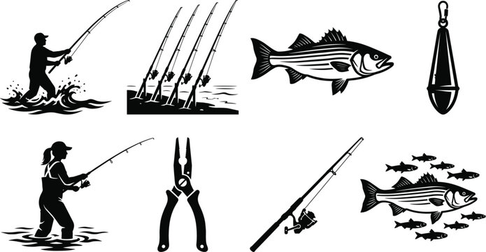 Collection of fishing vector silhouettes featuring anglers, fishing rods, tackle gear, and striped bass illustrations