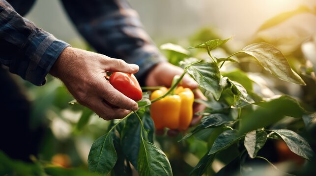 A farmer harvests ripe bell peppers by hand in a lush vegetable garden. Sunlight highlights fresh, vibrant peppers and healthy green leaves.