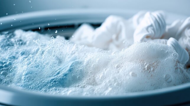 Soapy bubbles and freshly washed white laundry swirl in a washing machine. Detergent foam and fabric combine for a sparkling clean wash cycle.