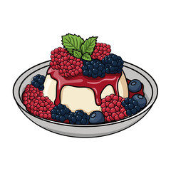 Vector illustration of a classic Italian panna cotta dessert served in a grey ceramic bowl © Fadil