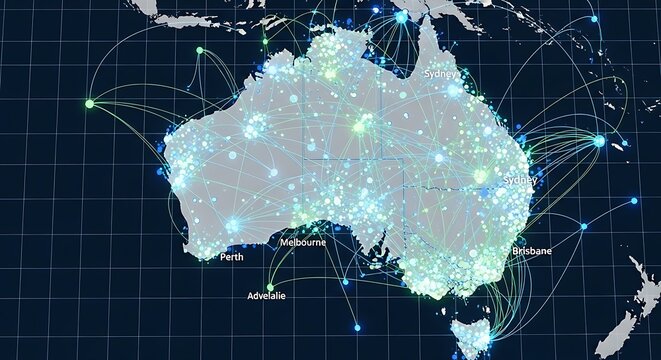 Glowing Digital Network Map of Australia with Connected Cities and Data Routes