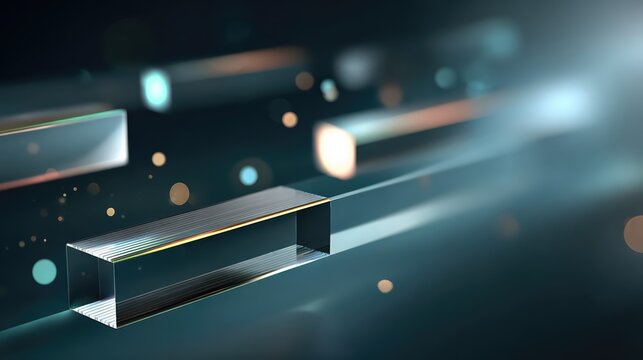 Abstract glass rectangles float with glowing light and bokeh in a modern, futuristic style. The minimal geometric design features reflections and clear structures.
