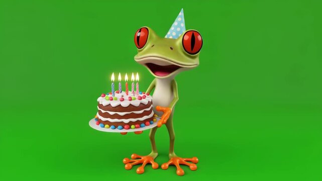 Cute cartoon frog with party hat holding birtay cake with lit candles in bright green studio lighting