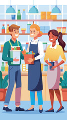 Obraz premium Diverse grocery store employees with shopping bags and books in a brightly lit aisle vector illustration concept