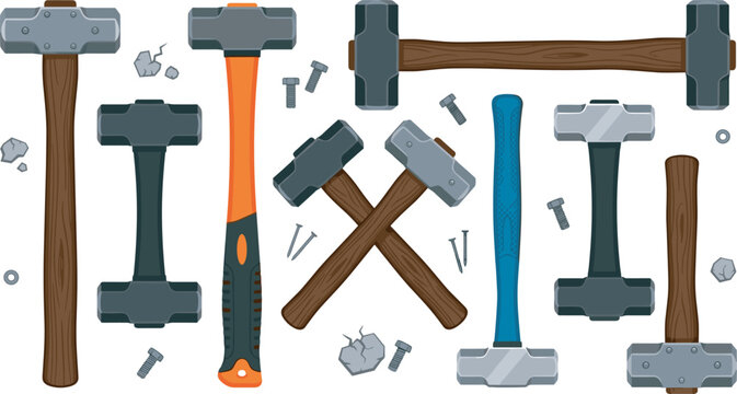 Heavy sledgehammer and construction hammers vector cartoon illustration set with handles screws and stones on white background