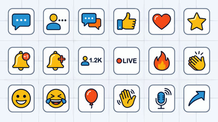Fototapeta premium Flat Design Social Media Icons Collection: Chat, Like, Heart, Star, Bell, Live, Fire, Clapping, Emoji, Balloon, Wave, Microphone, Share, and User Icons