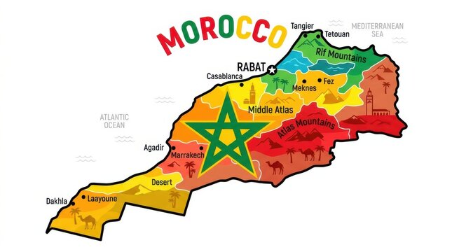 Colorful map of morocco with cities and regions highlighted