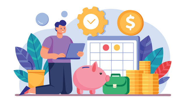 Man planning finances with laptop and piggy bank near calendar and coins during workday concept