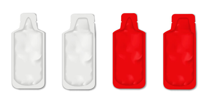 Tear notch bottle shaped sachet pouch. Realistic vector mock-up set. Blank flat spout plastic bag. White, color. Easy editable mockup. Liquid product single dose, serving package. Template for design