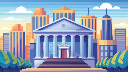 Fototapeta premium Grand Classical Bank Building with Columns Against a Modern Cityscape During a Sunny Day
