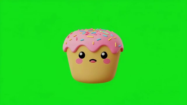 Cute cupcake character with a grumpy expression on a vibrant green background during a playful animation