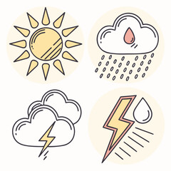 Fototapeta premium Weather Icon Set with Sun Rain Rainbow and Thunderstorm Flat Line Vector Illustration