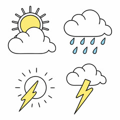 Naklejka premium Weather Icon Set with Sun Rain Rainbow and Thunderstorm Flat Line Vector Illustration