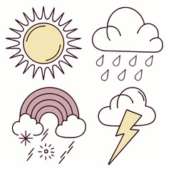 Fototapeta premium Weather Icon Set with Sun Rain Rainbow and Thunderstorm Flat Line Vector Illustration
