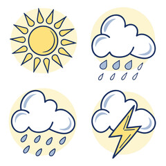 Fototapeta premium Weather Icon Set with Sun Rain Rainbow and Thunderstorm Flat Line Vector Illustration