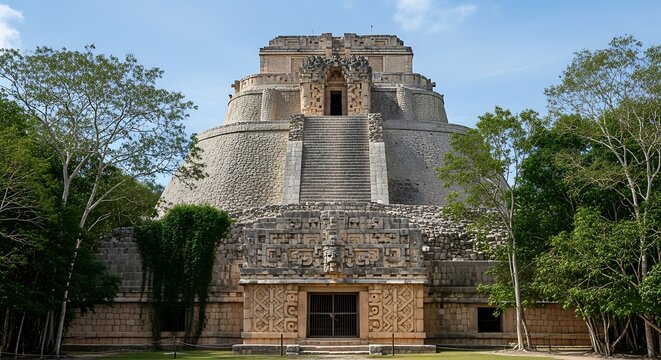 Ancient Stone Mayan Pyramid Standing Among Green Trees at Archaeological Site