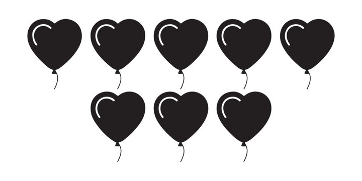 Set of ten black heart balloons with strings on transparent background.