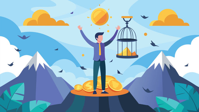 Man with open arms celebrating wealth and freedom on mountaintop with sun and caged gold coins in vibrant flat illustration style