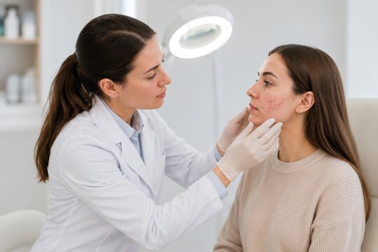 Dermatologist examining teenage girl's acne on cheek in bright clinic
