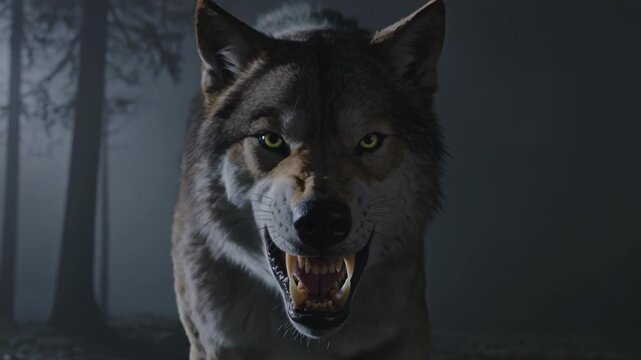 Close up of a wolf with piercing yellow eyes in a dark misty forest at night