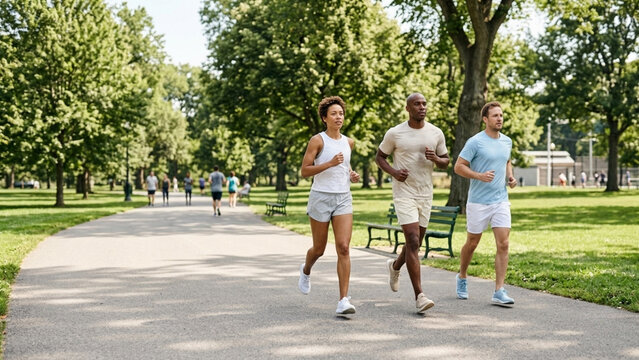 A diverse group of runners enjoy a morning jog in a lush, green city park. The image promotes fitness, a healthy lifestyle, outdoor sports, teamwork, and an active lifestyle.