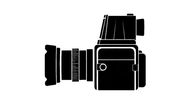 Minimal black silhouette icon, simple flat vector, bold black shape, no gradients, no shading professional medium format camera silhouette icon on a, flat icon style