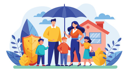 Fototapeta premium Family protected under umbrella with shield and house during sunny day concept of security and insurance