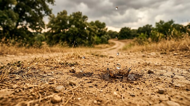 First raindrops splashing on dry parched ground during drought