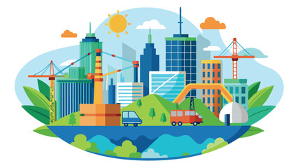 Fototapeta premium Modern city skyline with construction cranes and greenery under a sunny sky