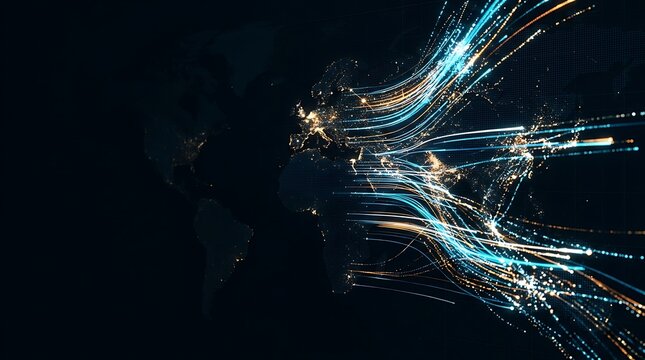 Global data connectivity with light trails across world map