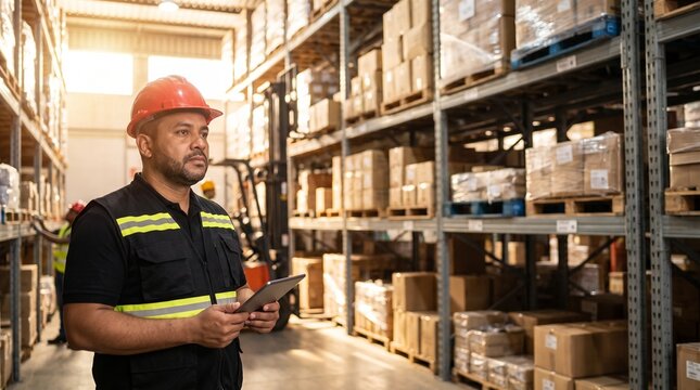 A man in a red hard hat and reflective vest uses a tablet in a bright warehouse filled with stacked boxes and forklifts.