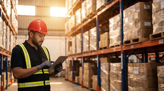 A busy warehouse interior with tall metal shelving stacked with cardboard boxes and pallets; a worker in a red safety helmet and high‑visibility vest is holding a tablet while forklifts.