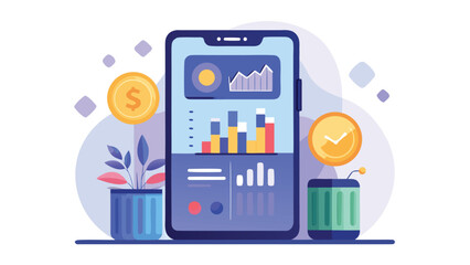 Fototapeta premium Mobile finance dashboard with growing charts and coins during a concept for digital economy growth