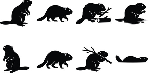 Fototapeta premium Beaver Silhouette Collection with Various Wildlife Poses and Activities