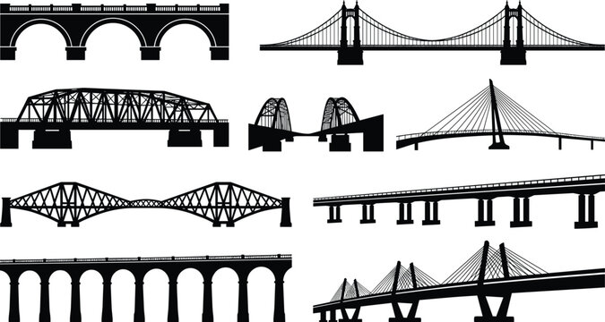 Bridge Silhouette Collection Set Featuring Arch Suspension and Cable Stayed Structures
